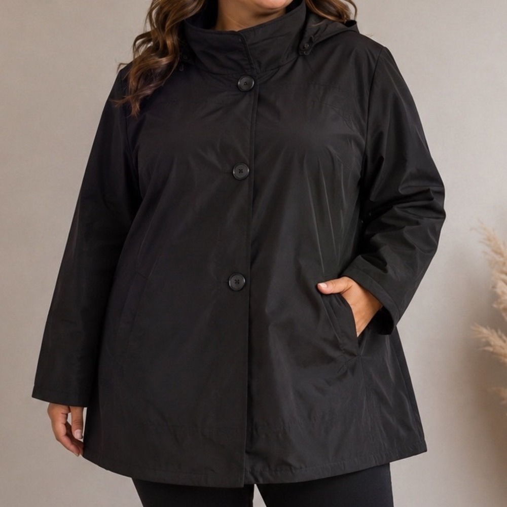 Women's 3X Black Hooded A Line Swing Coat Detachable Hood Plus Size Minimalist